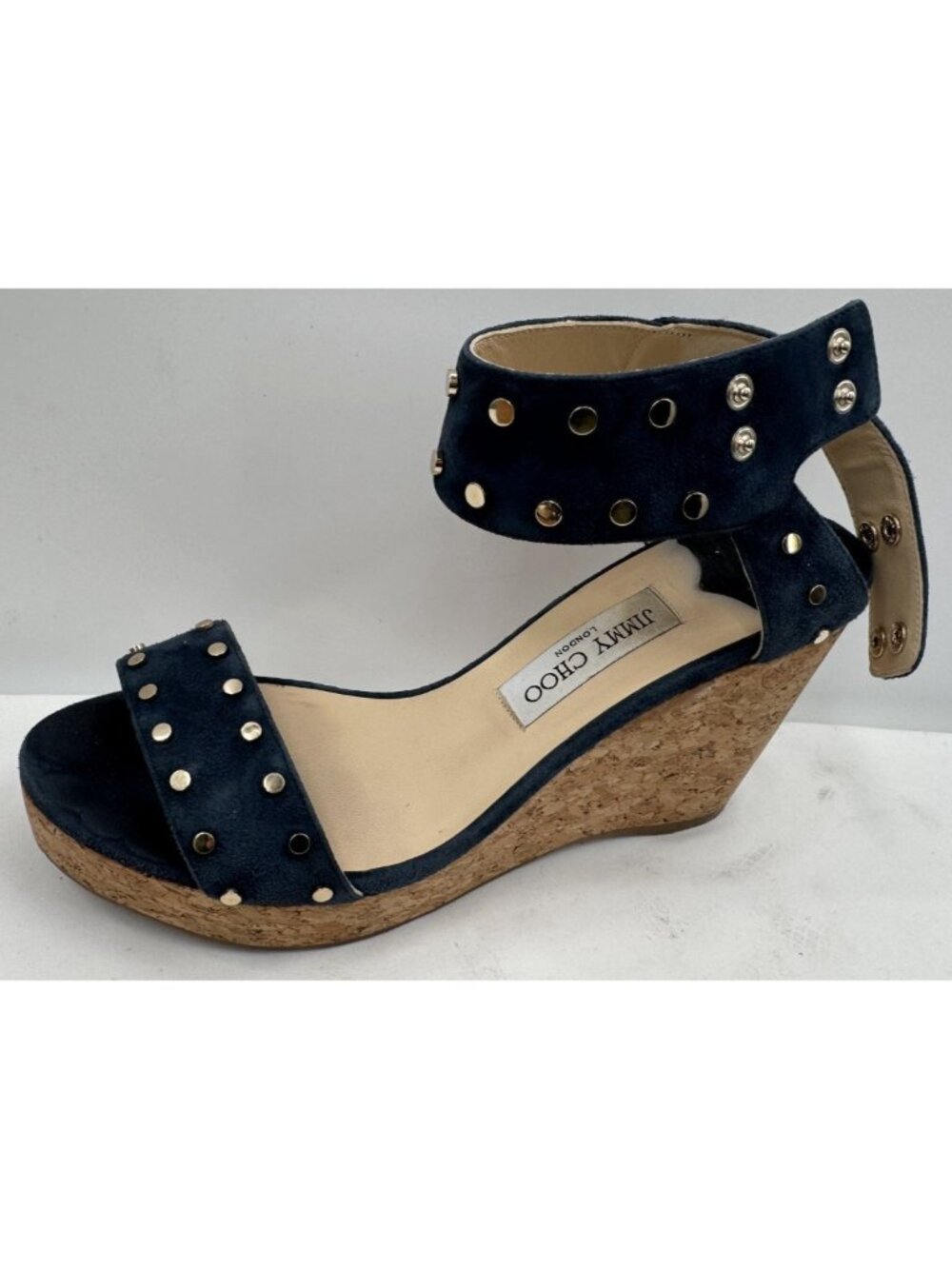 JIMMY CHOO Dark Navy Suede Studded Cork Nelly Wedge Sandals Heels Shoes Sz 41.5 - Picture 3 of 16